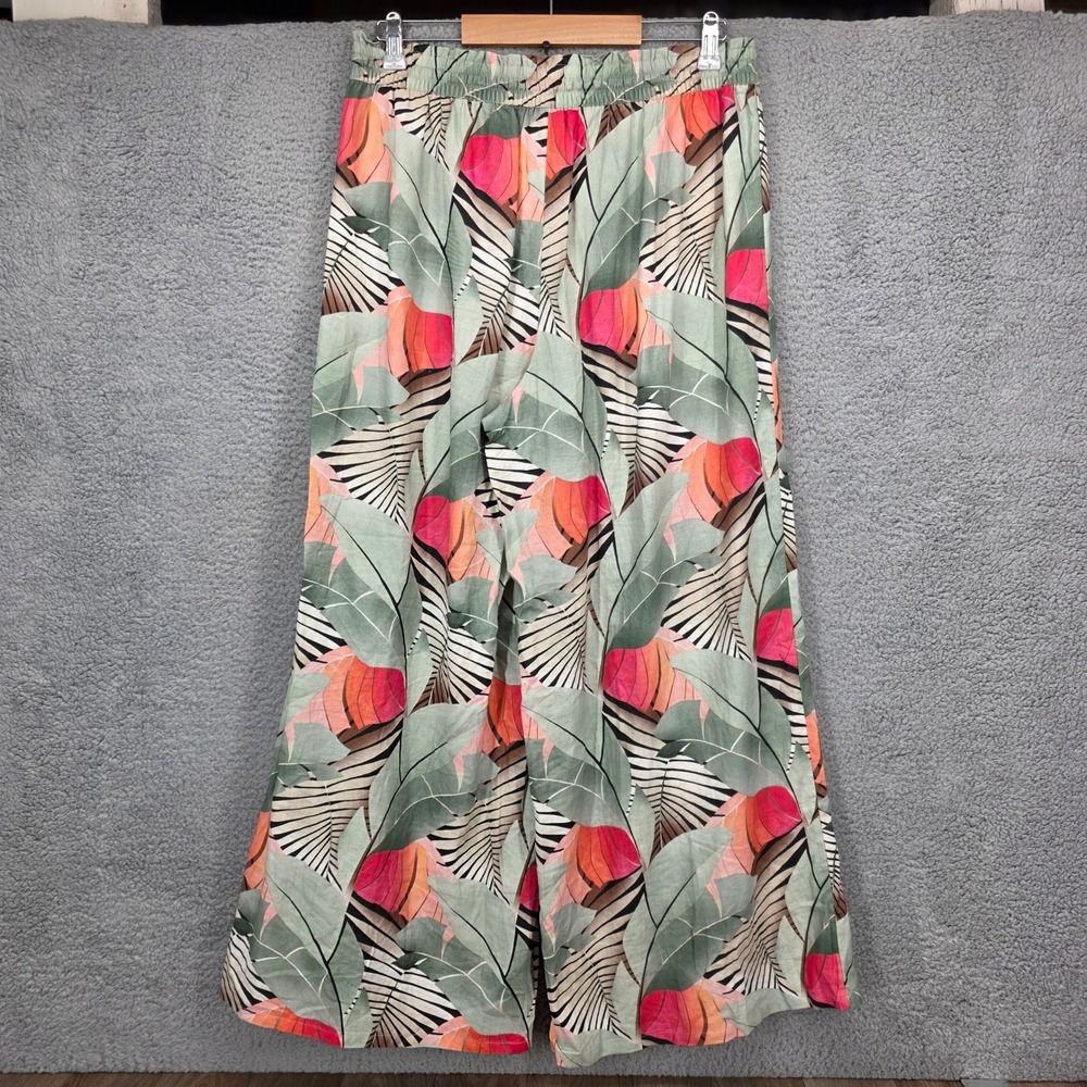 CALIA Medium Tropical Leaf Print Linen Blend Wide Leg Drawstring Pants‎ Green - Picture 4 of 11